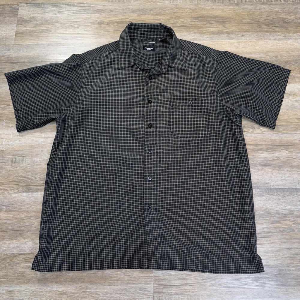 Haggar Microfiber Shirt Mens XL Black White Micro-Check Short Sleeve Button-Up